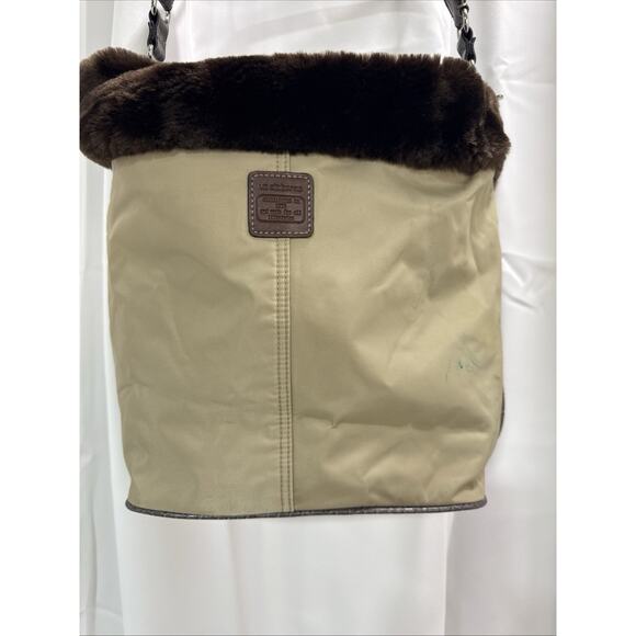 Liz Claiborne Tan Poly Vinyl Brown Faux Fur Trimmed Handbag - Picture 2 of 16
